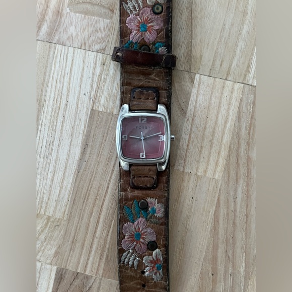 Fossil Ladies Watch Brown Embroidered Leather Strap Rectangular Pink Dial - Picture 5 of 12